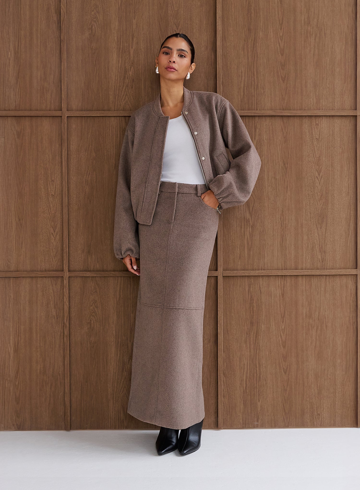 Brown Wool Effect Maxi Skirt